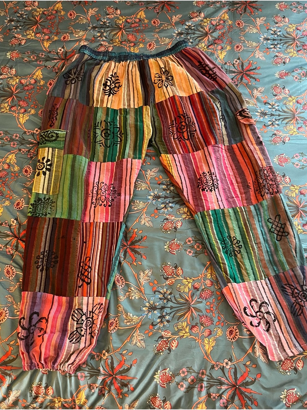 Colorful Patchwork Boho Lounge Pants - Multicolor Stripes